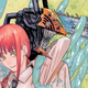 Denji, a man with a chainsaw for a head, holds the red-haired Makima among aqua tentacles.